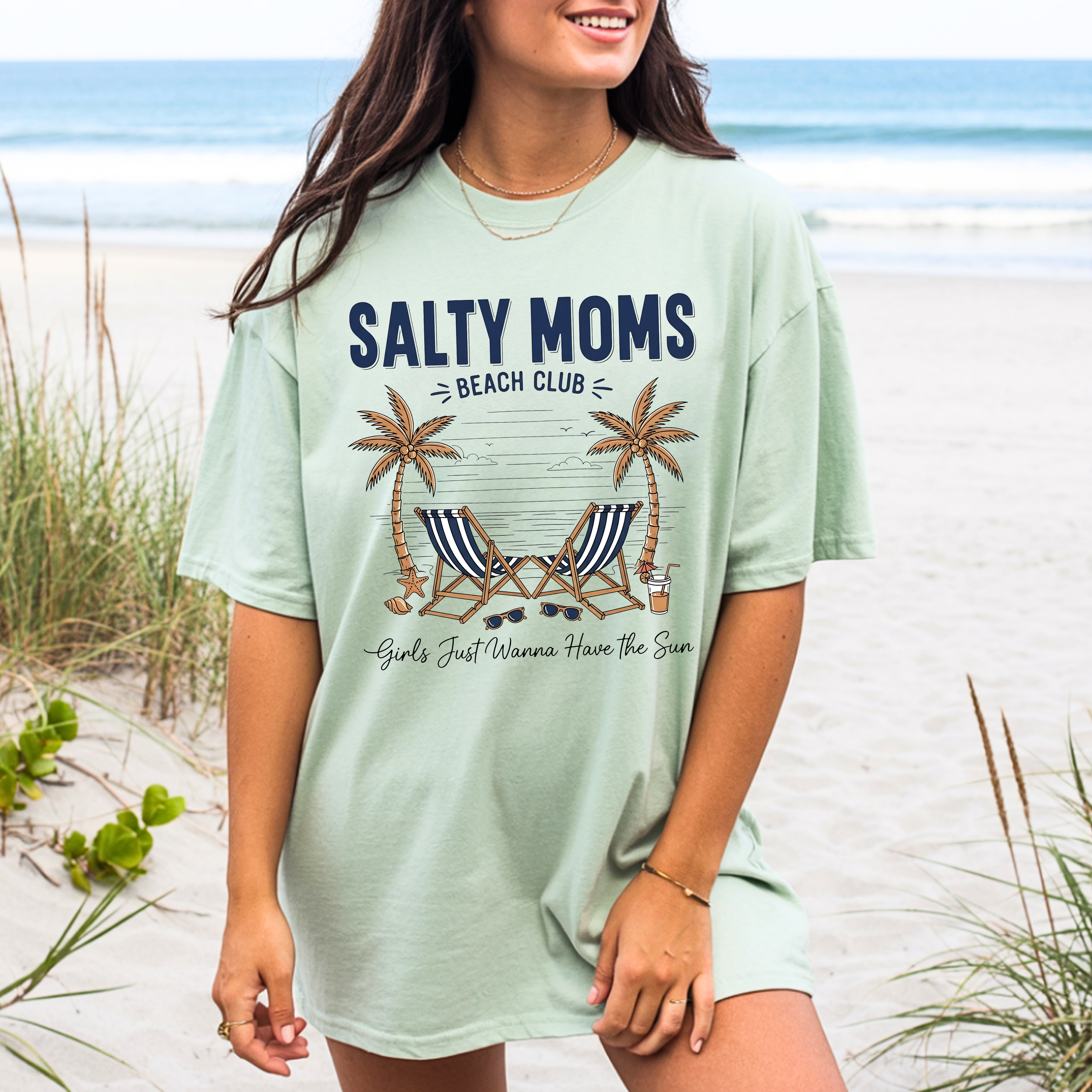 Salty Moms Beach Club graphic tee in Bay green color