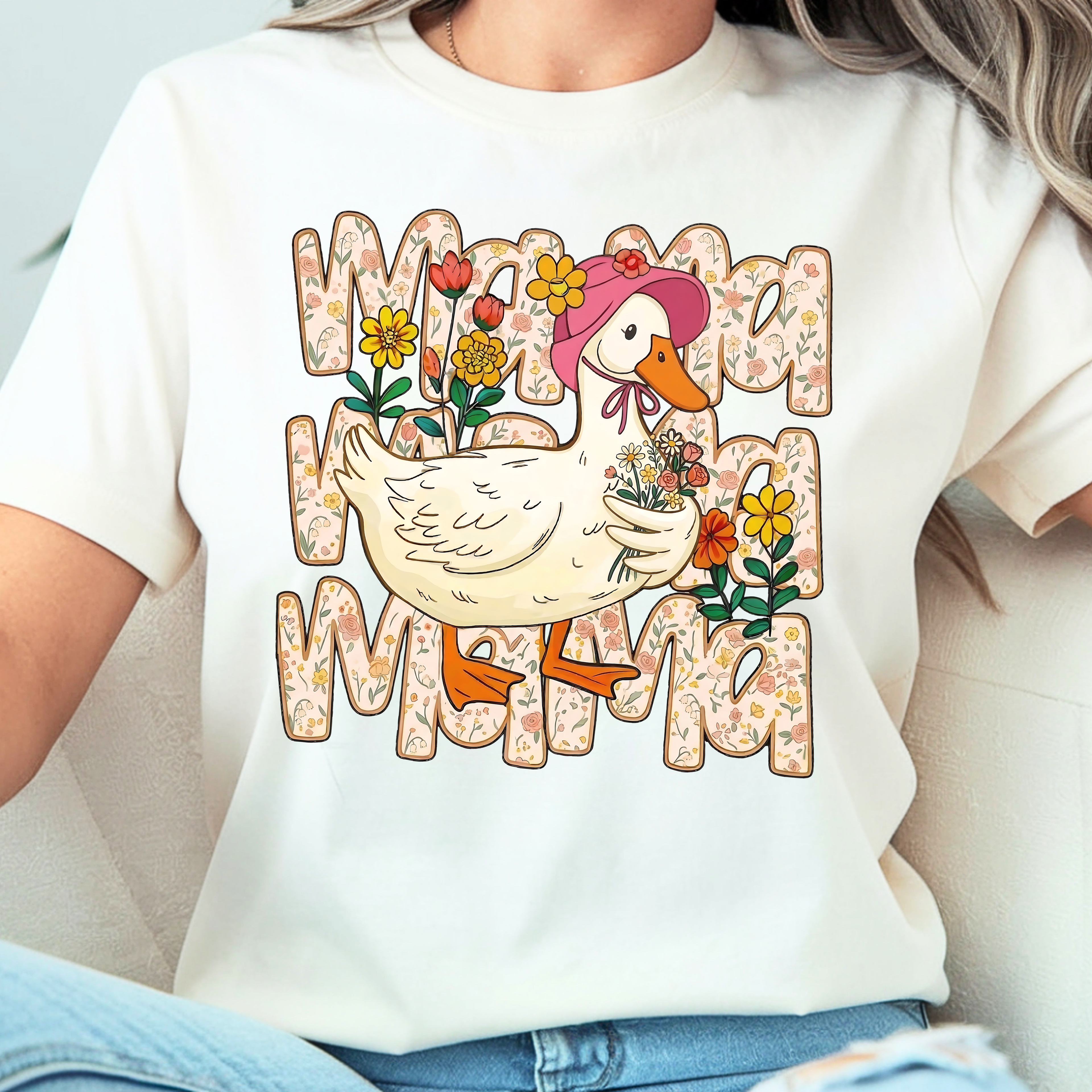 Woman wearing silly goose mama shirt casual mom outfit cute funny Mother’s Day tee