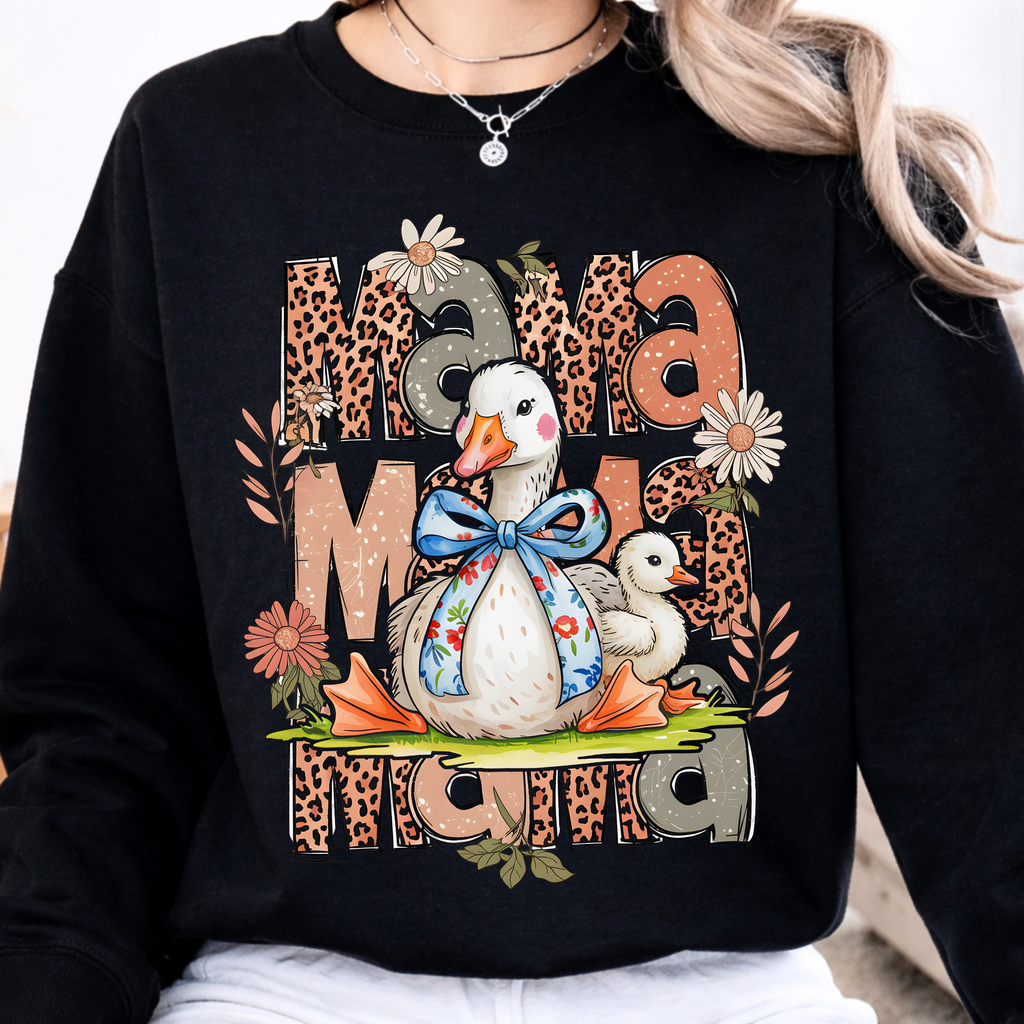 Black silly goose mama sweatshirt with boho floral and leopard print design, stylish mom outfit