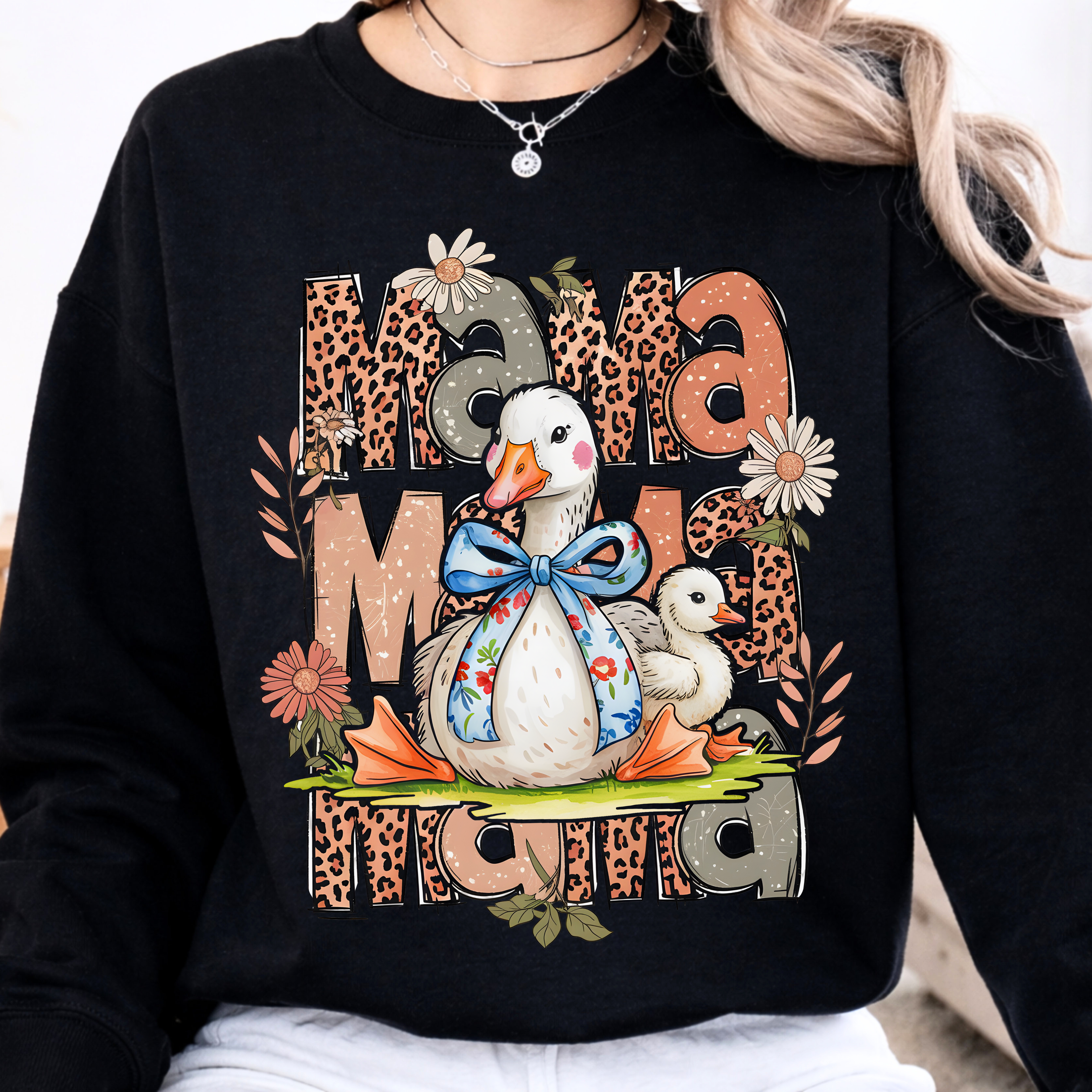 Black silly goose mama sweatshirt with boho floral and leopard print design, stylish mom outfit
