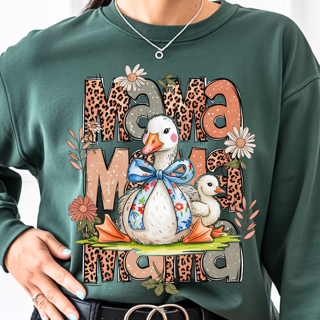 Forest green silly goose mama sweatshirt with leopard print and boho design, unique mom outfit