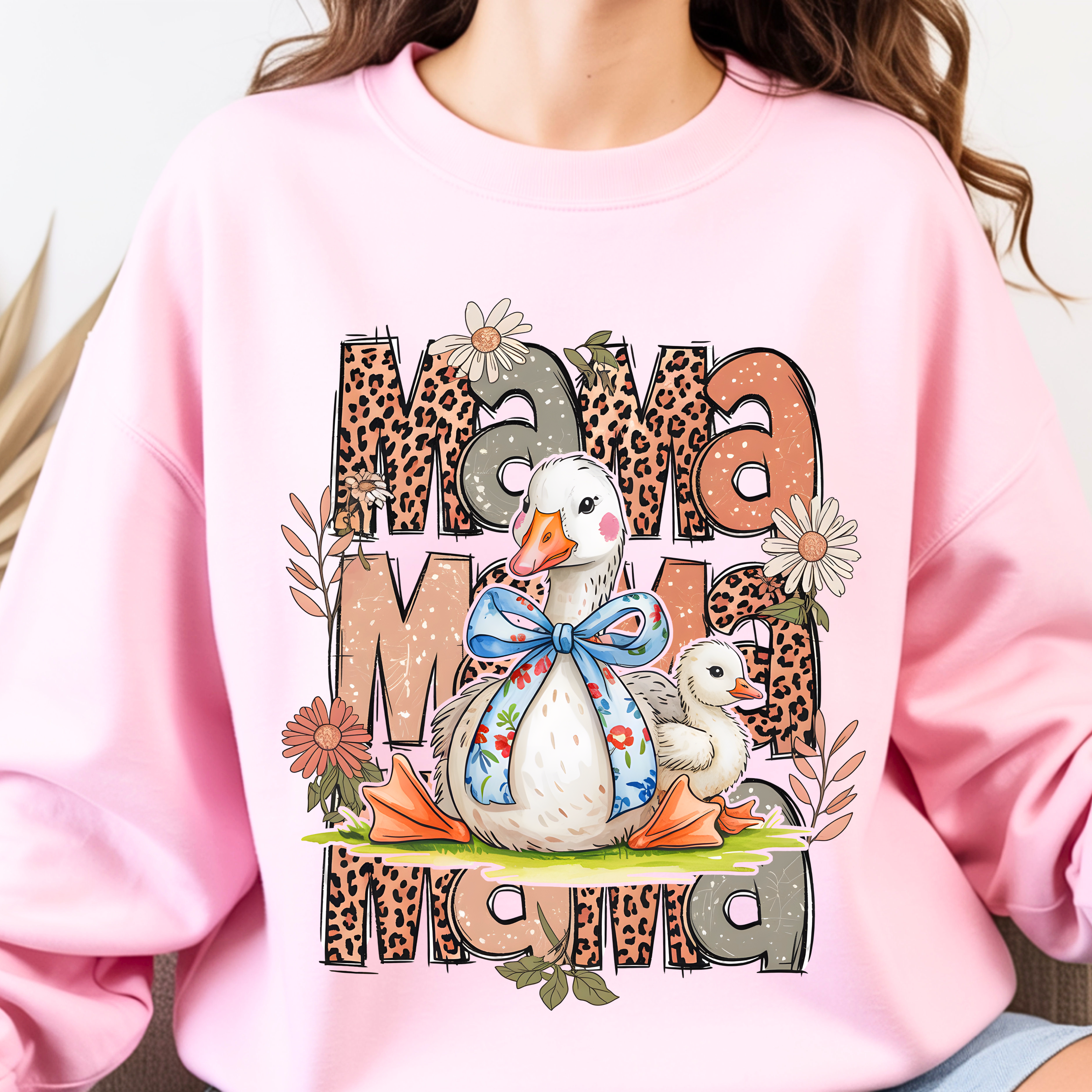 Light pink silly goose mama sweatshirt, cute funny mom shirt with boho leopard print design
