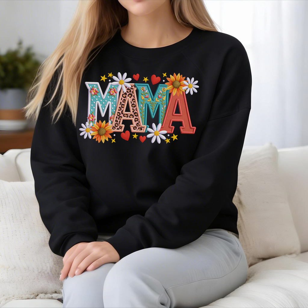 Black mama sweatshirt with floral faux patchwork design, trendy cozy mom crewneck