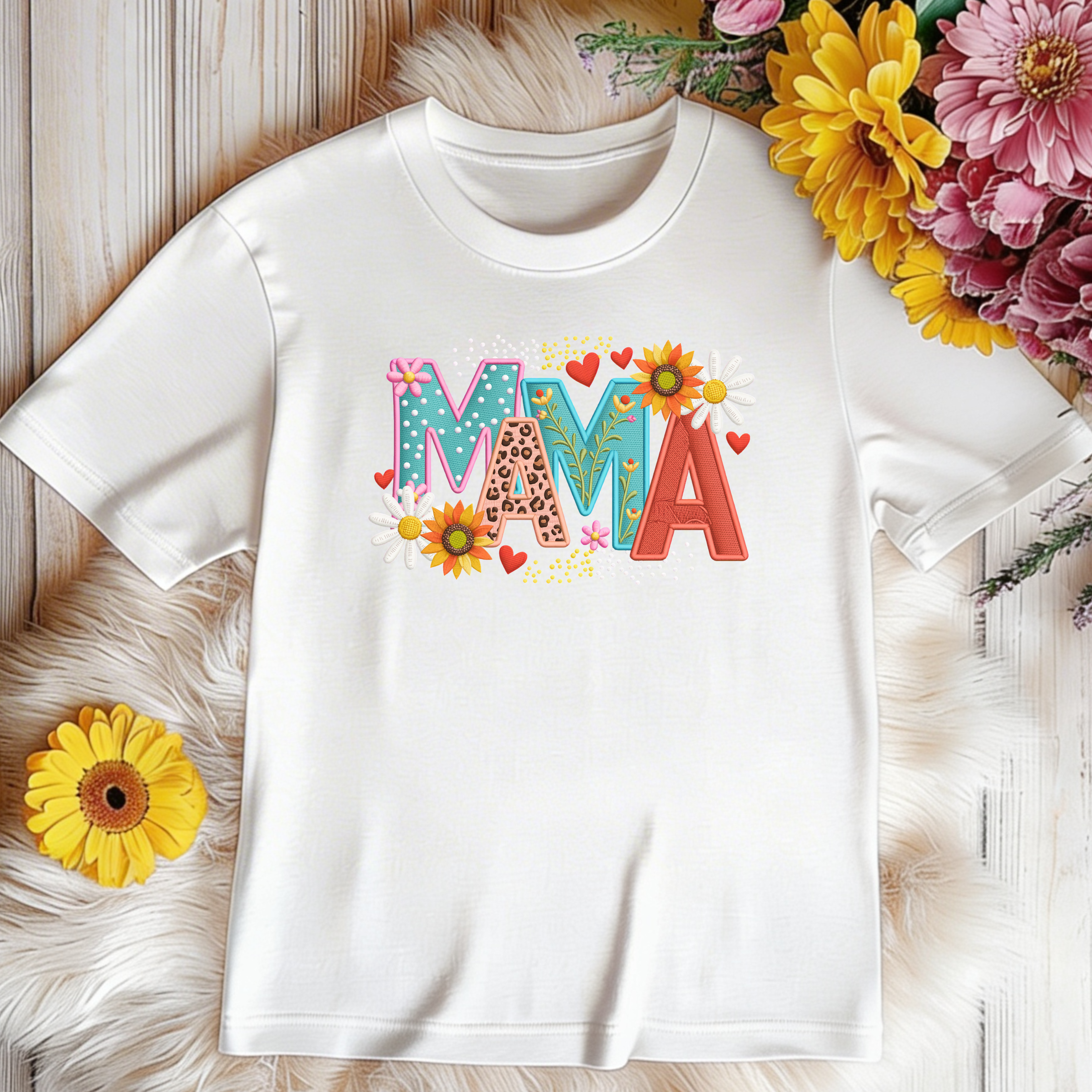 White mama t-shirt with floral faux patchwork design, cute spring mom outfit