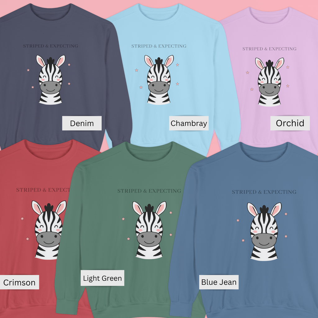 Striped and Expecting zebra maternity sweatshirt available in multiple colors including denim chambray orchid crimson light green and blue jean