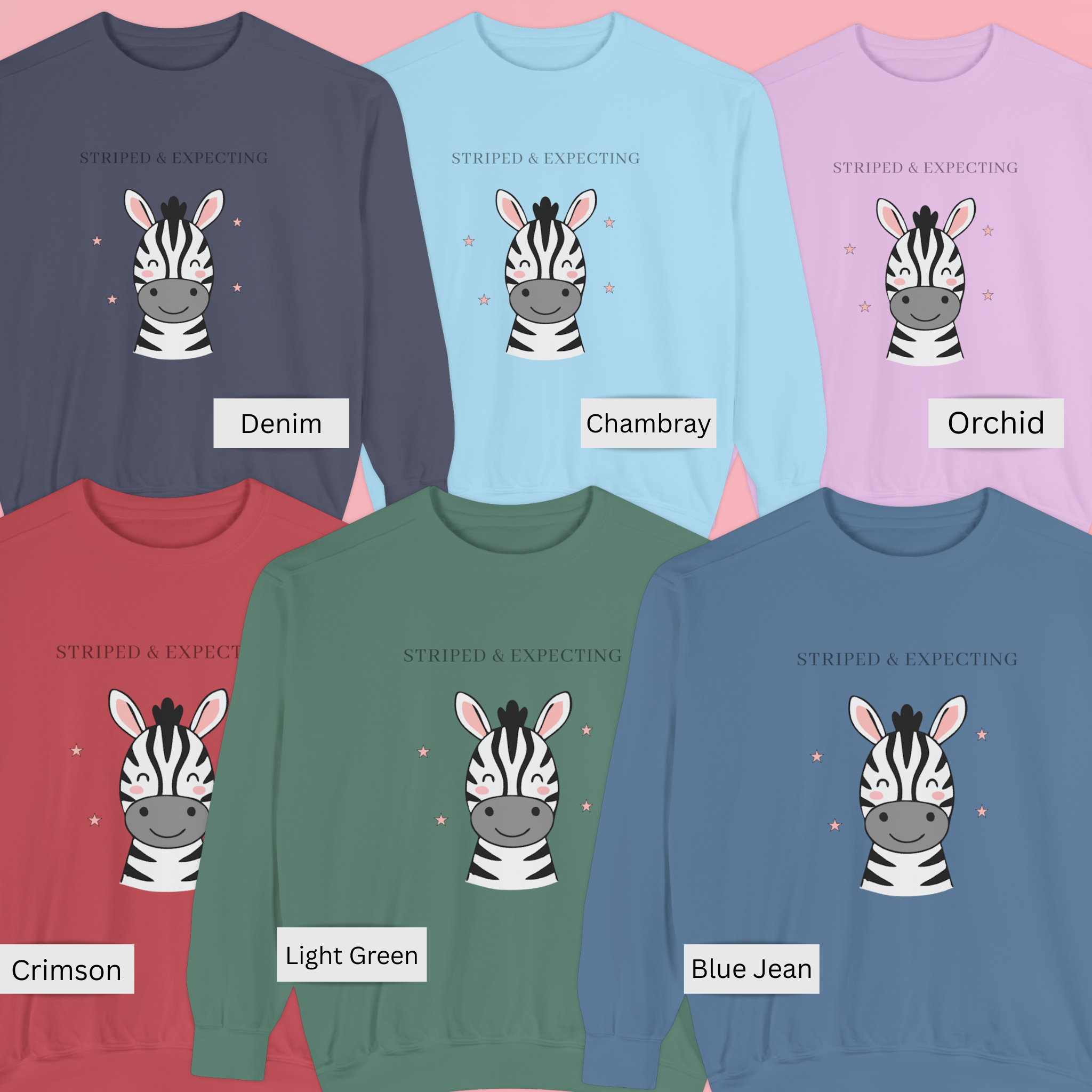 Striped and Expecting zebra maternity sweatshirt available in multiple colors including denim chambray orchid crimson light green and blue jean