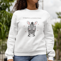 Pregnant woman wearing Striped and Expecting zebra maternity sweatshirt in white cozy crewneck for expecting moms