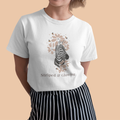 Pregnant woman wearing white Striped and Glow maternity t shirt with zebra floral design cute pregnancy shirt for expecting mom