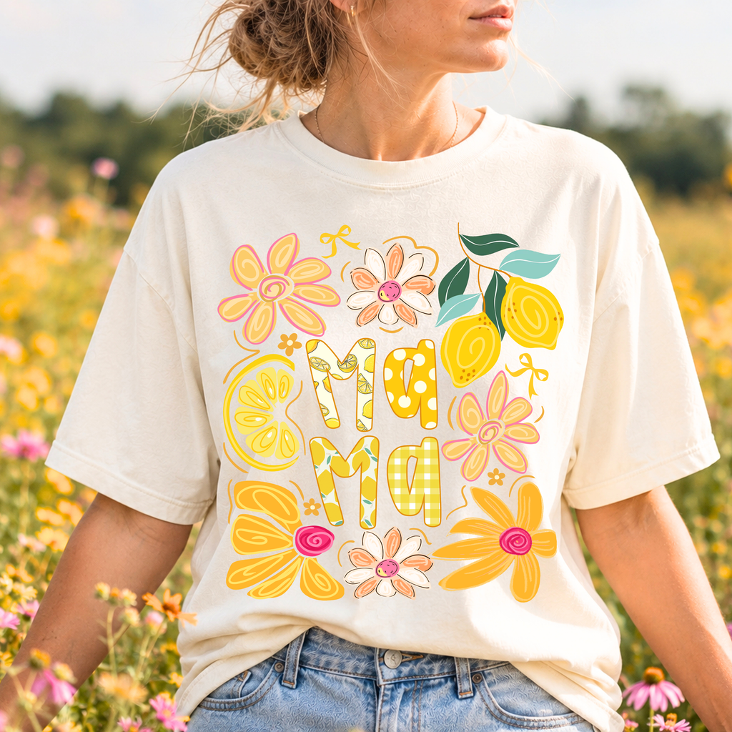 Ivory Summer Mama graphic t-shirt with colorful floral and lemon design, perfect for summer outfits and mom life apparel.