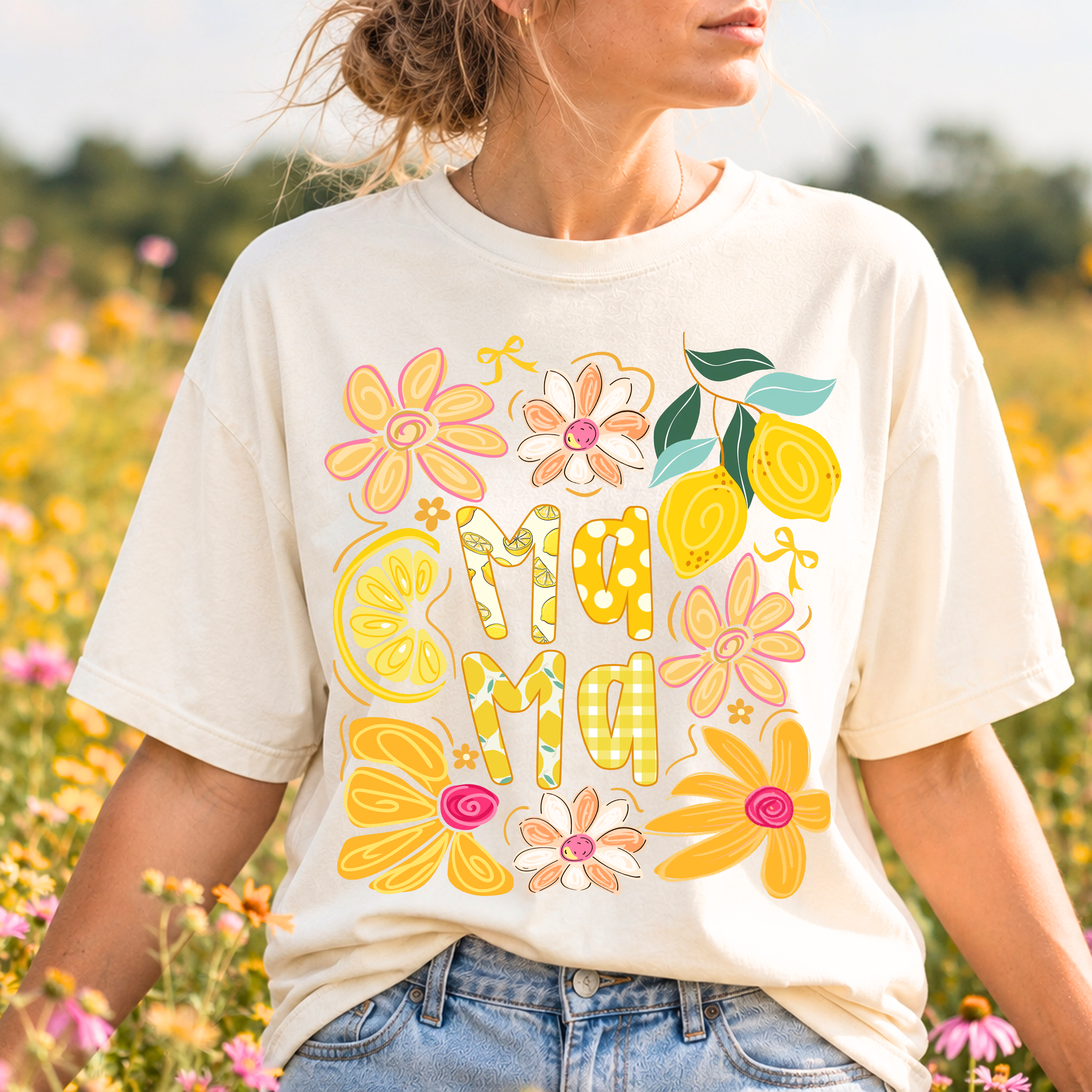 Ivory Summer Mama graphic t-shirt with colorful floral and lemon design, perfect for summer outfits and mom life apparel.
