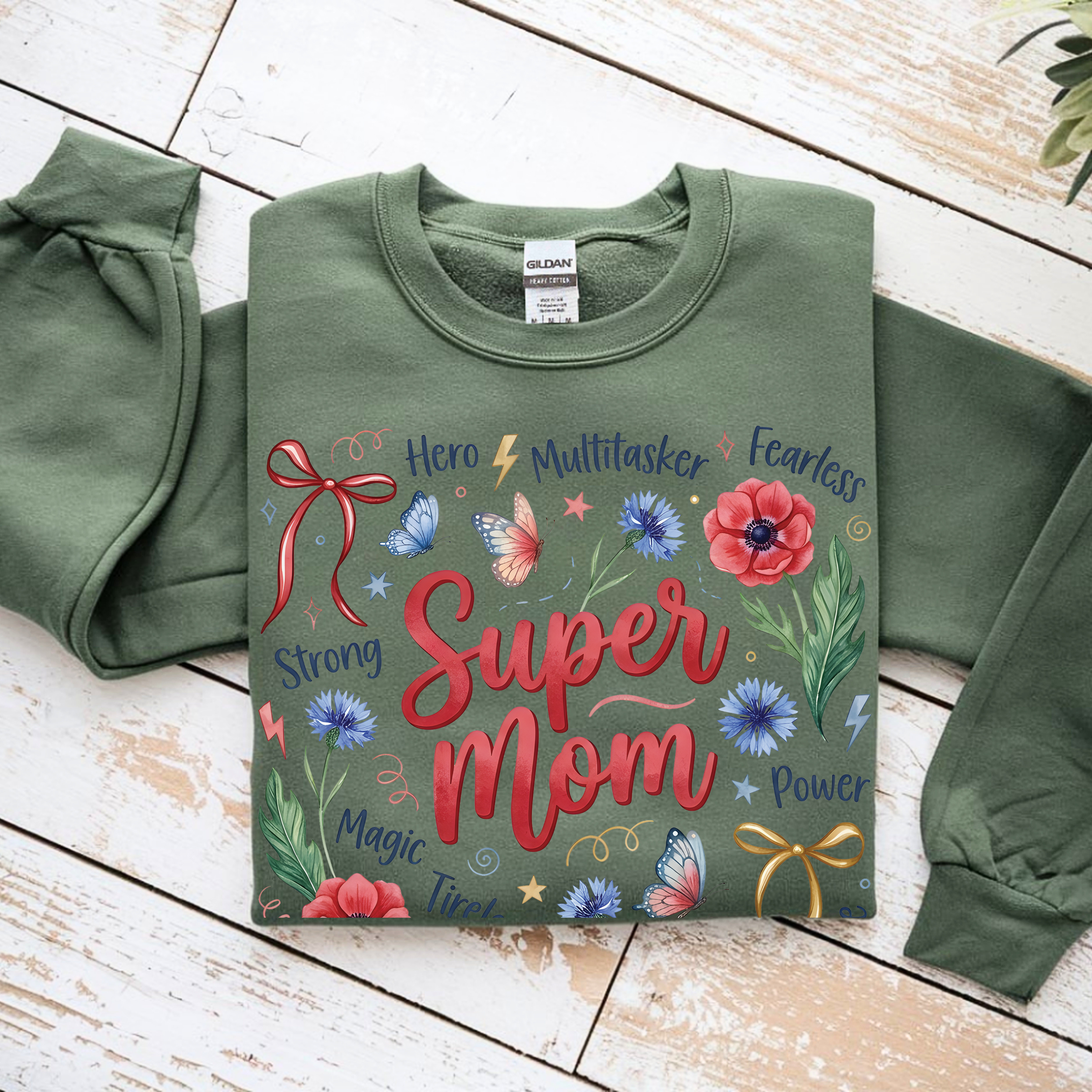 Military green Super Mom sweatshirt mom life floral design cozy outfit