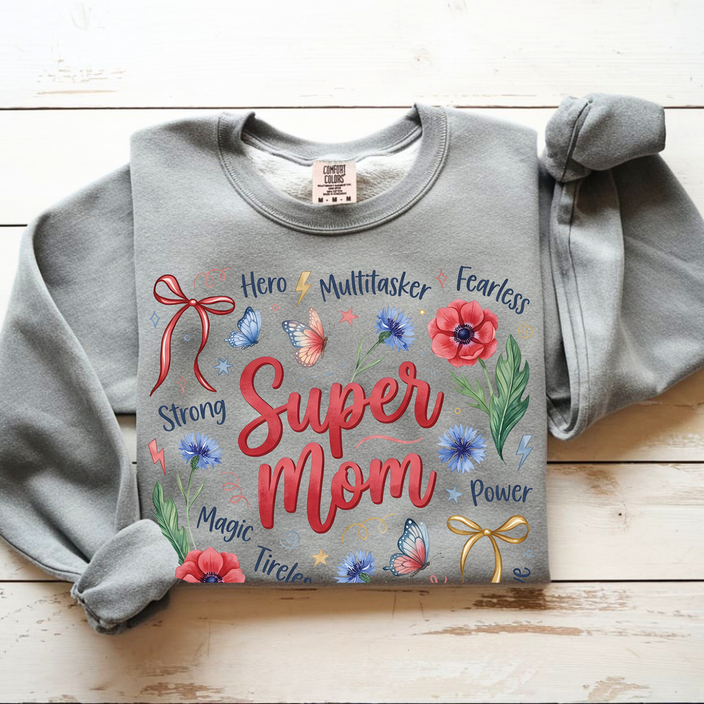 Sport grey Super Mom sweatshirt cozy floral mom crewneck