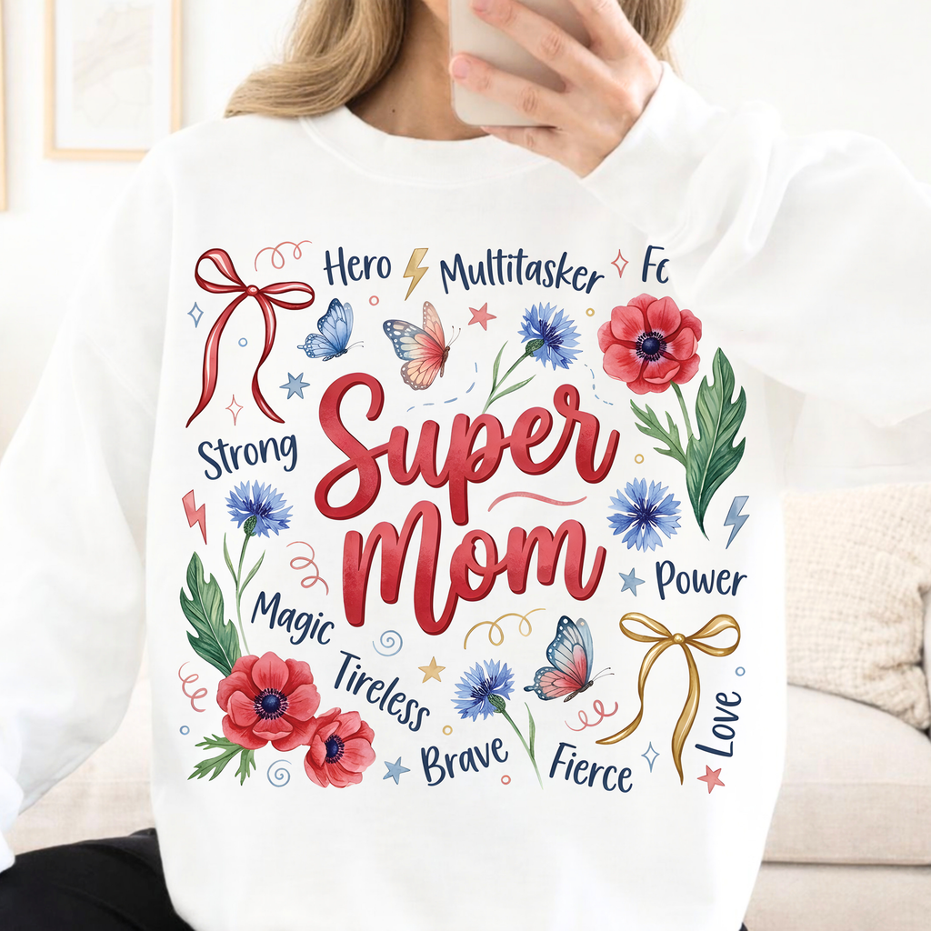 White Super Mom sweatshirt mirror selfie floral mama gift cozy women crewneck
