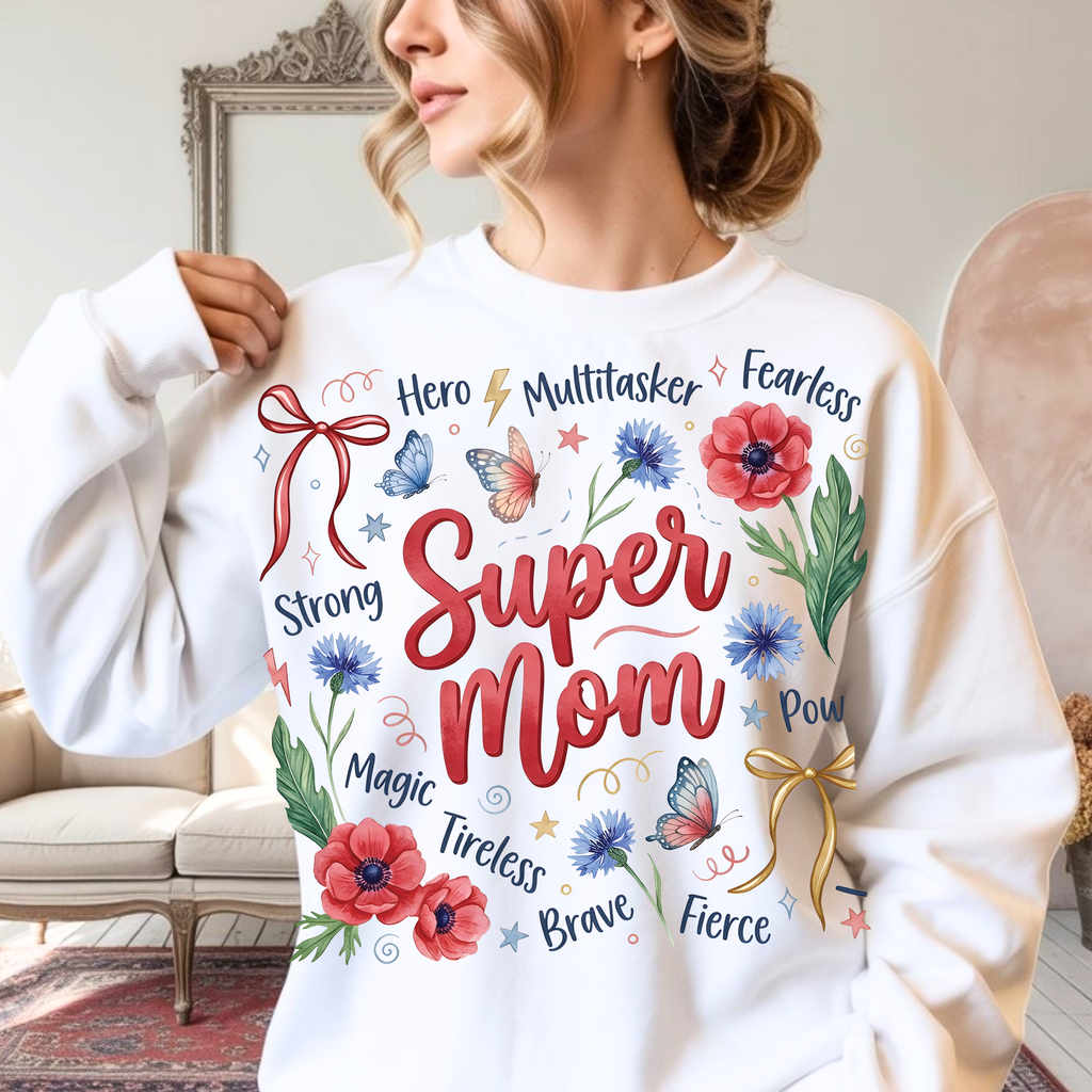 Woman wearing white Super Mom sweatshirt floral Mother’s Day gift cozy crewneck for moms