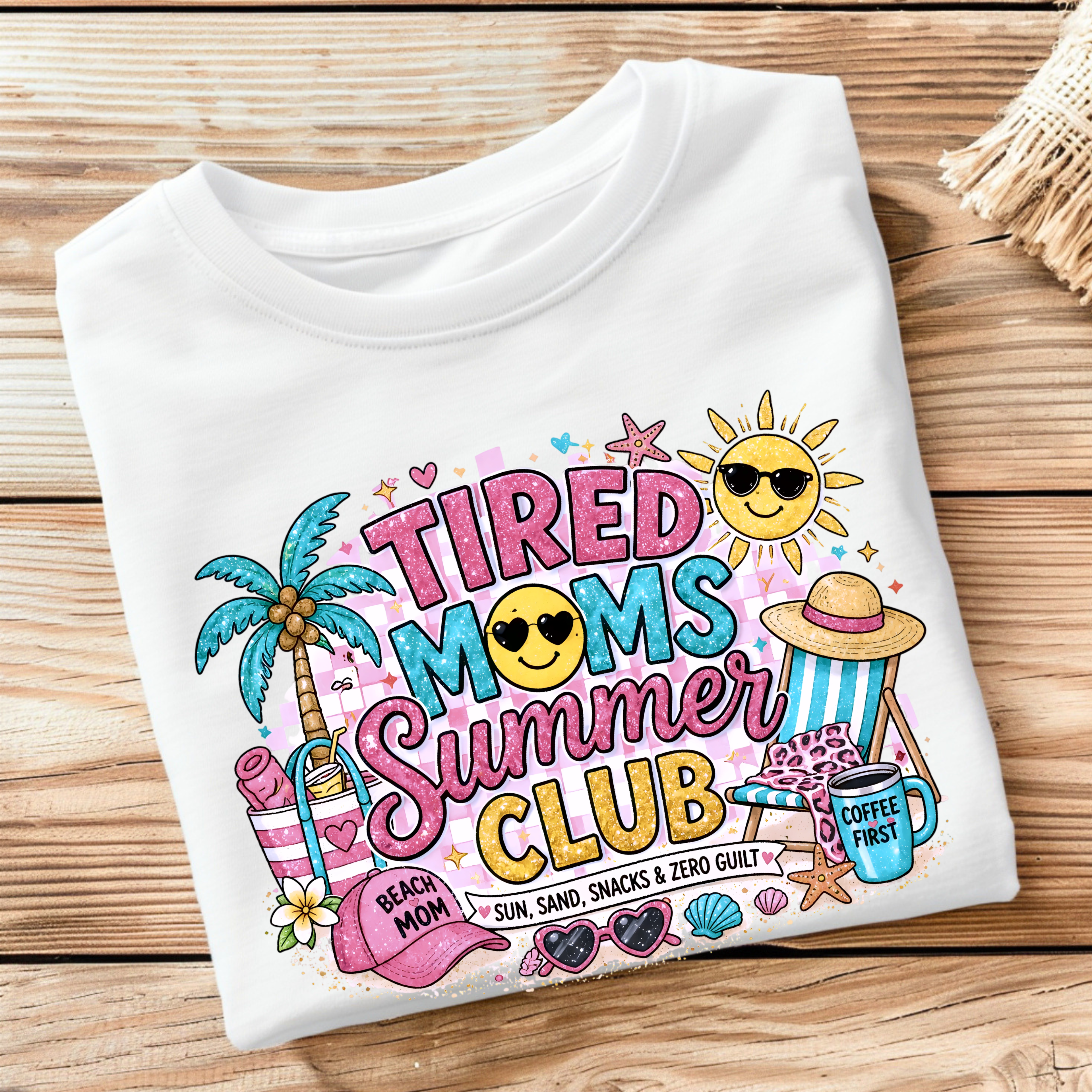 Folded Tired Moms Summer Club graphic t-shirt flat lay product photo