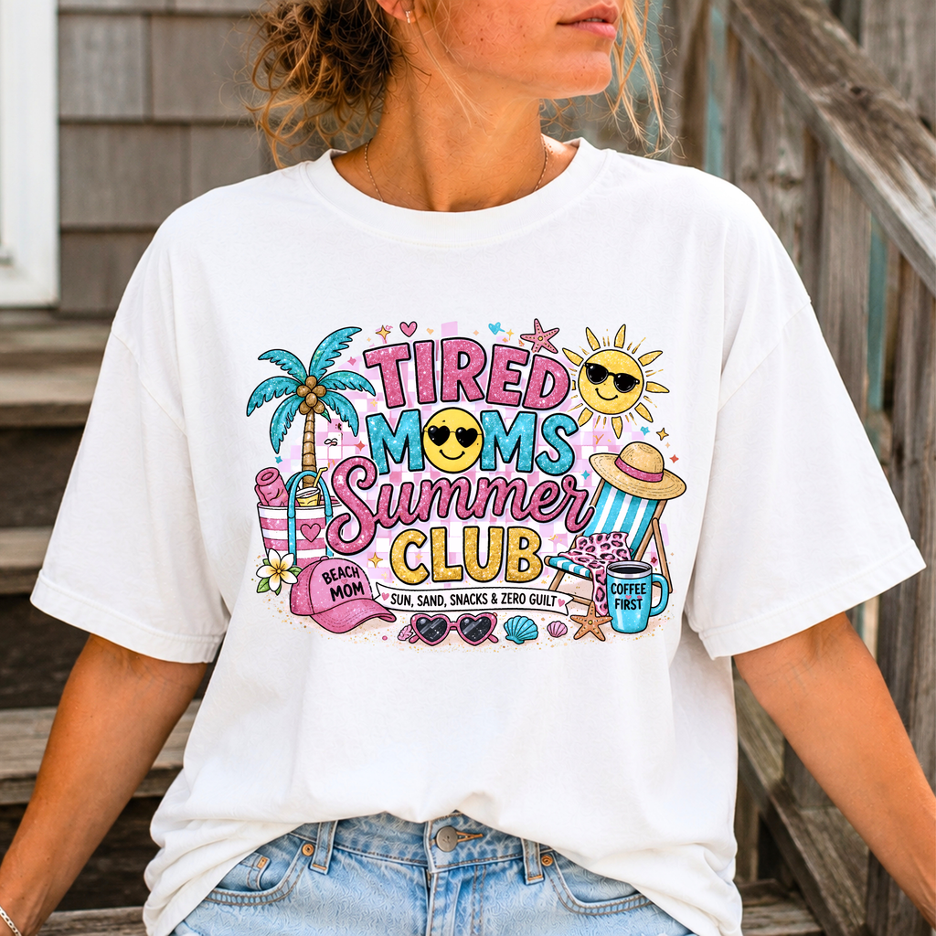 Tired Moms Summer Club graphic t-shirt in white color