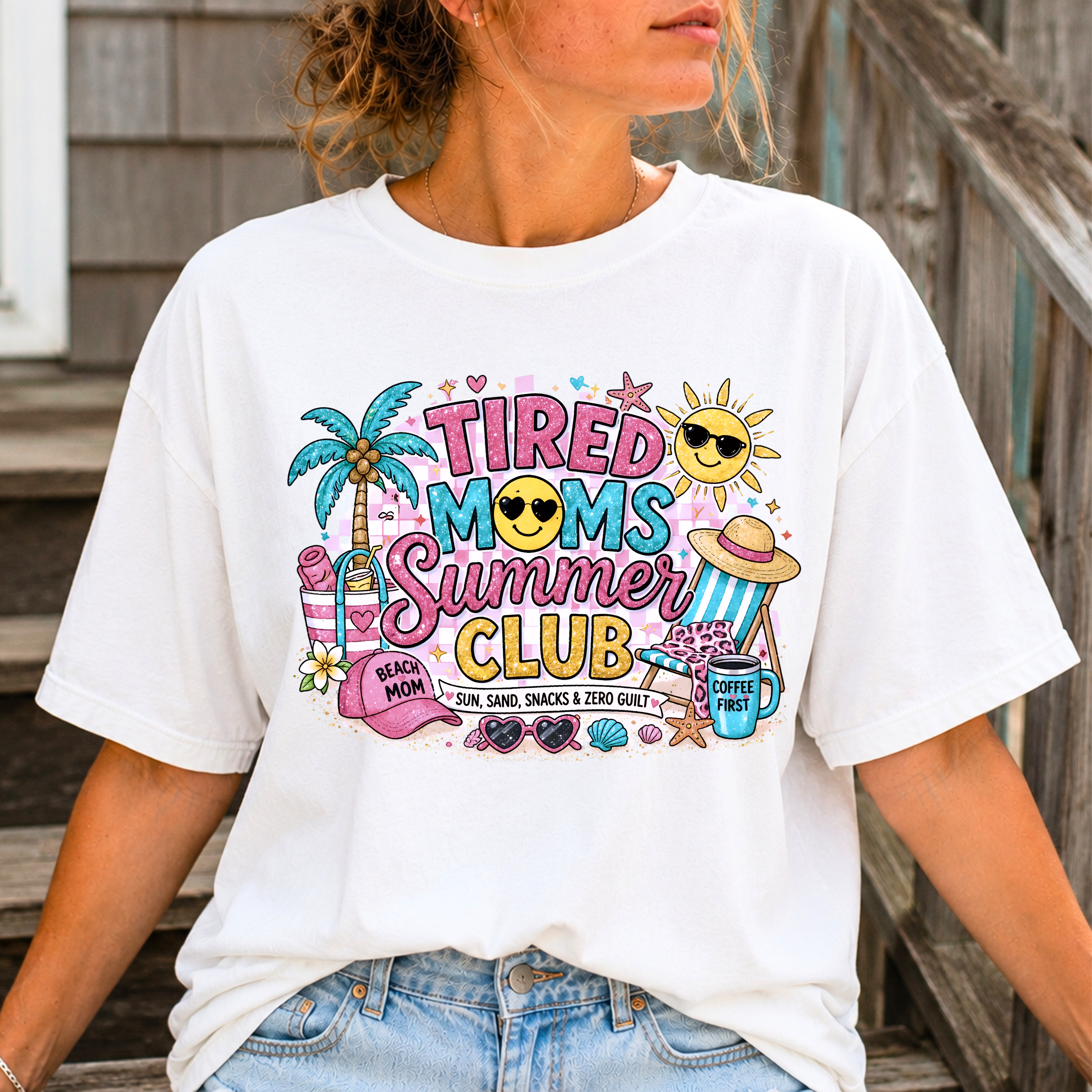 Tired Moms Summer Club graphic t-shirt in white color