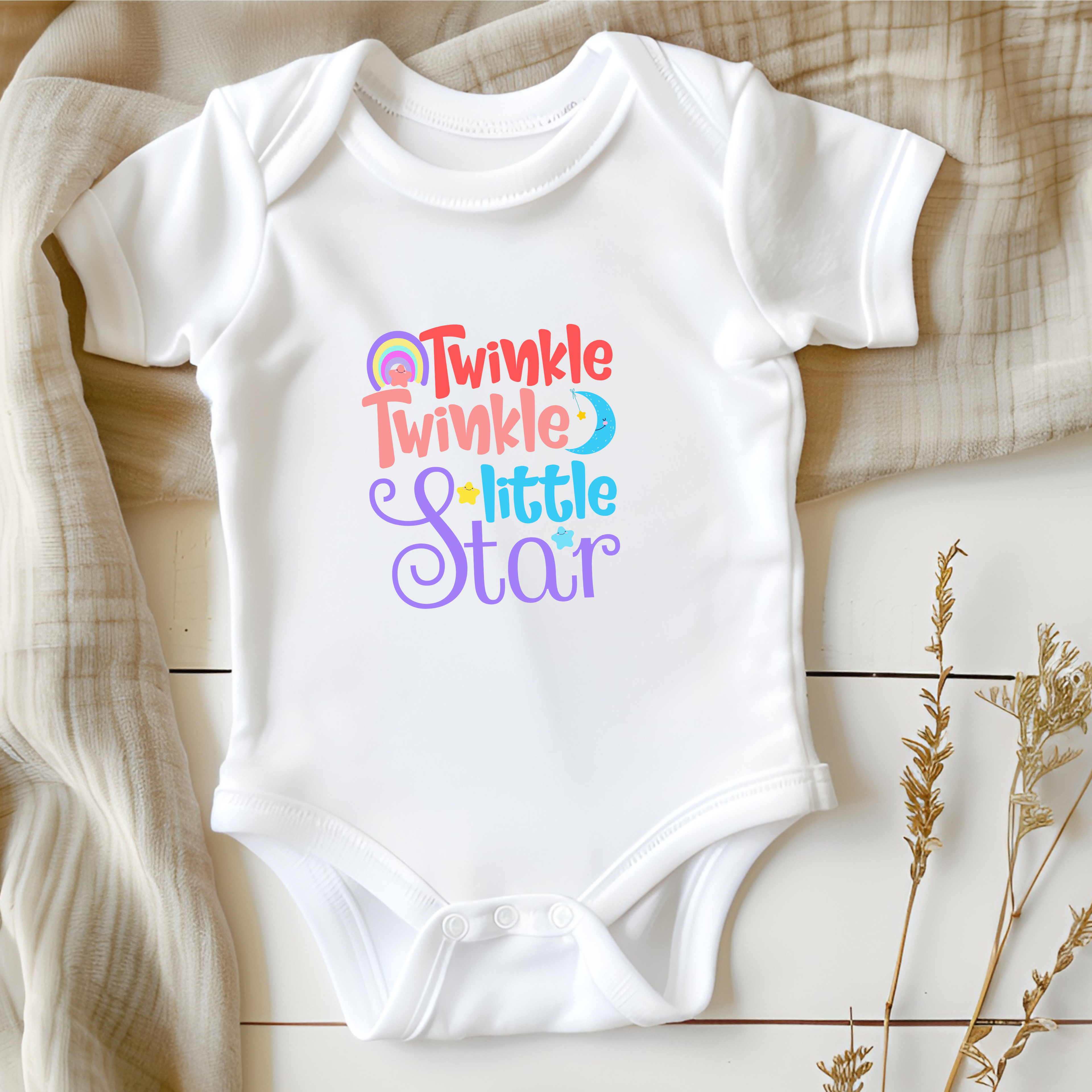 Twinkle Twinkle Little Star baby onesie flat lay white bodysuit cute newborn outfit