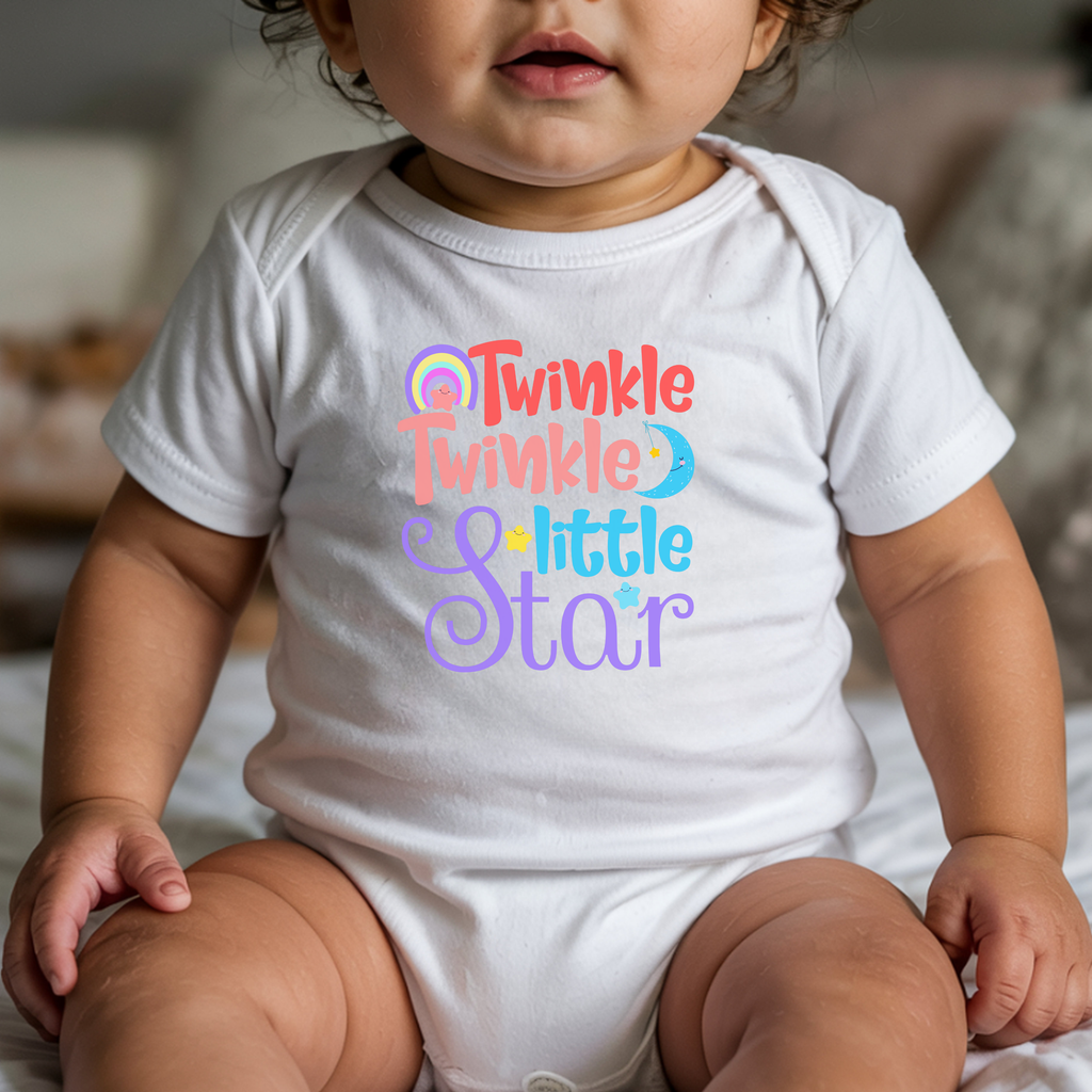 Close up of twinkle twinkle little star print on baby onesie colorful design