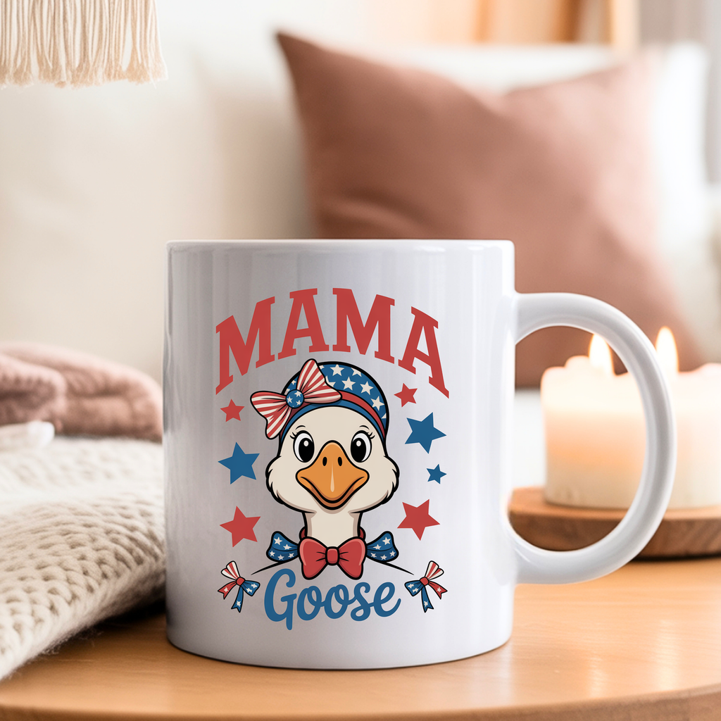 USA patriotic Mama Goose ceramic mug with American flag inspired design for moms