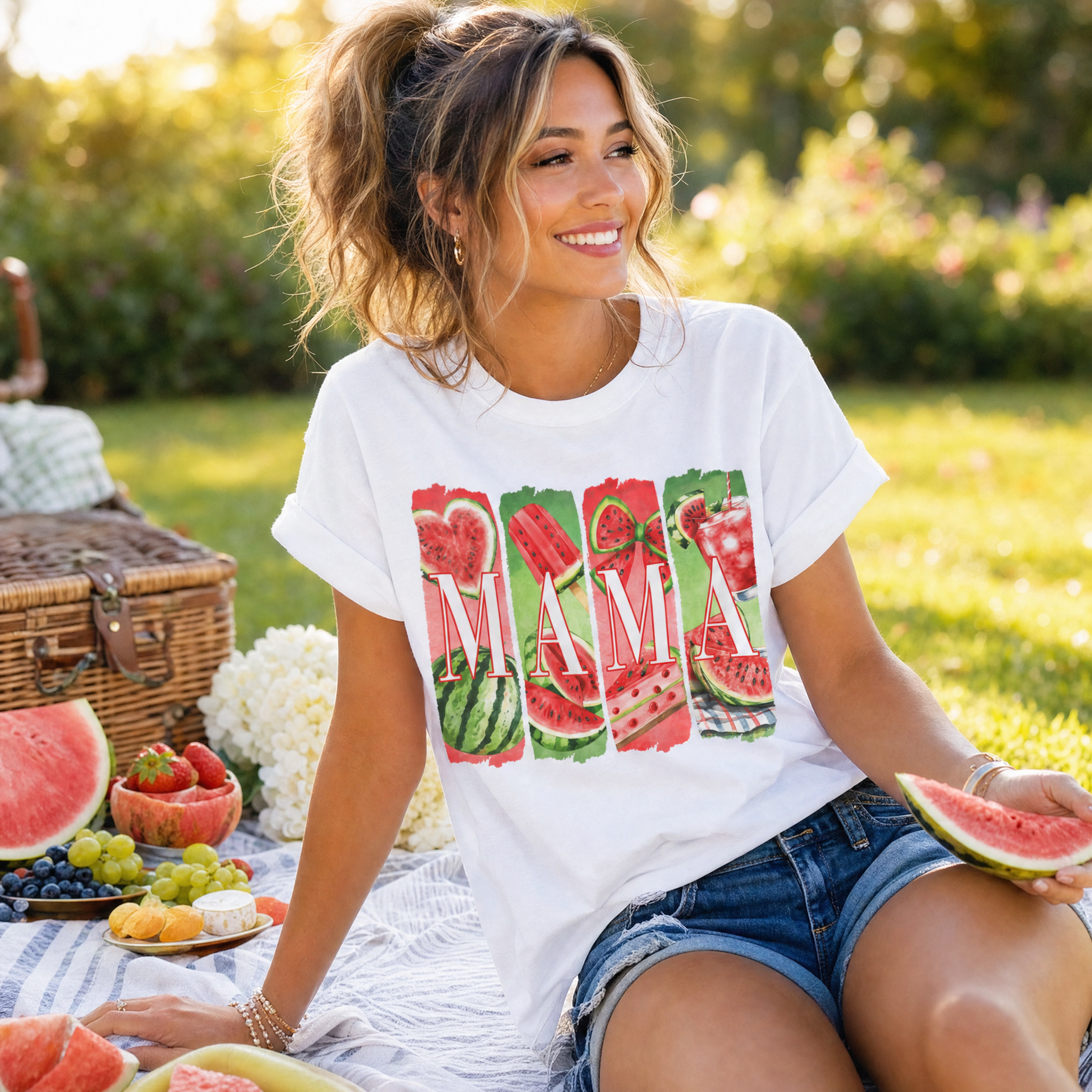 Woman wearing Watermelon Mama graphic t-shirt at a summer picnic with fresh watermelon and outdoor sunshine