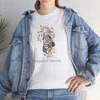 White zebra maternity t shirt styled with denim jacket trendy pregnancy outfit idea for mom to be