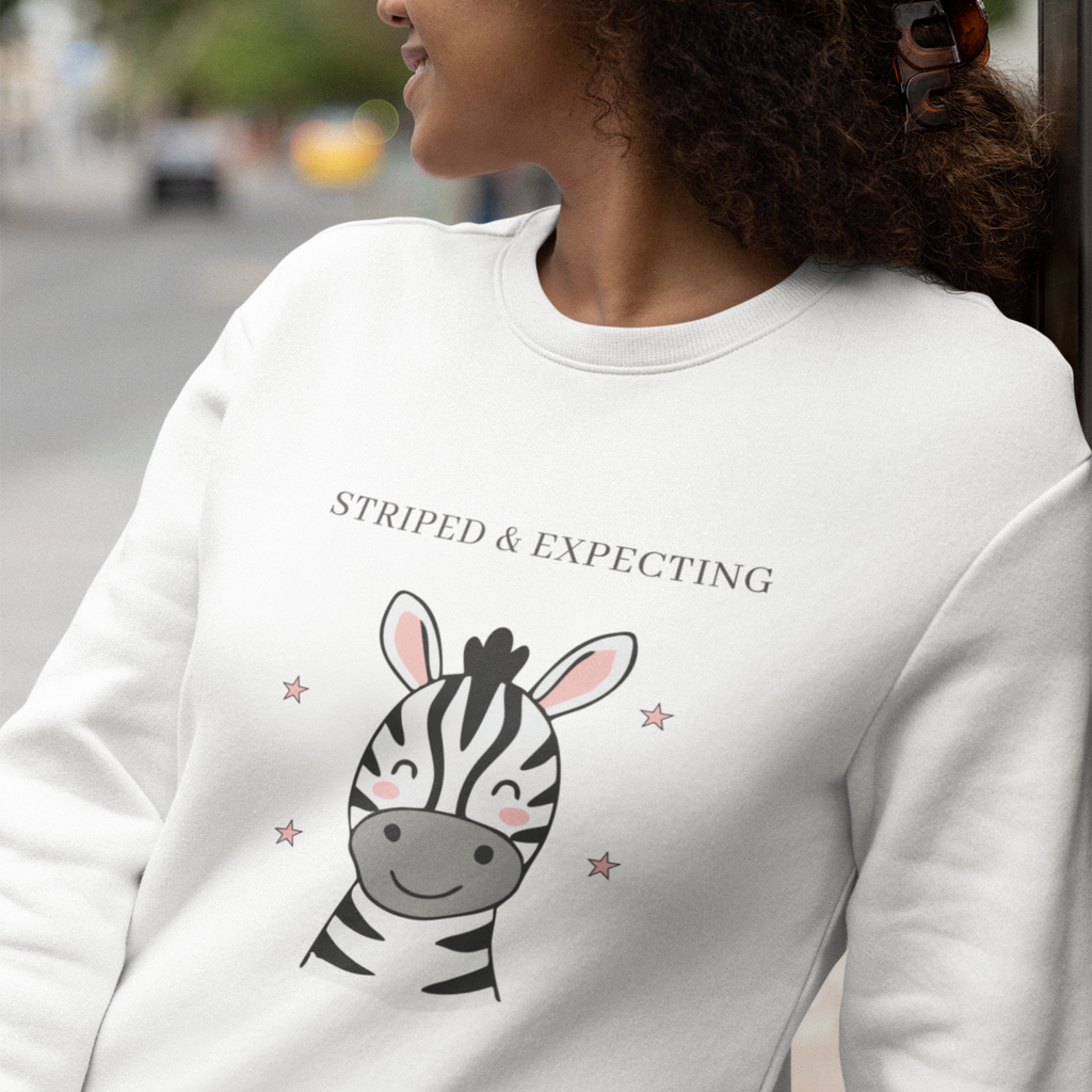 Side view of zebra maternity sweatshirt for expecting mom cute pregnancy crewneck gift idea